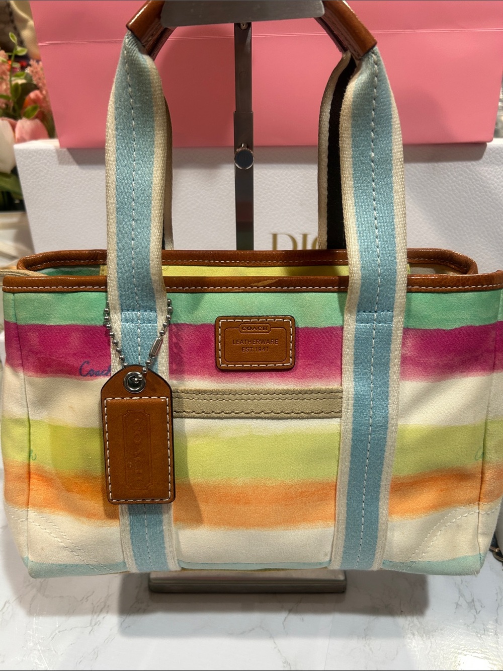Coach Hampton watercolor Striped Canvas Tote with Leather trim and hangtag